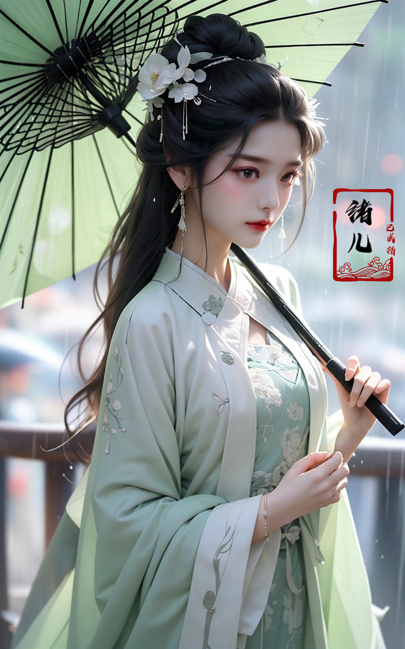 606247209521968565-3938036873-A woman holds a oil-paper umbrella on her shoulder to shelter from the rain as part of a fashion event in the style of Yue Xiaof.jpg